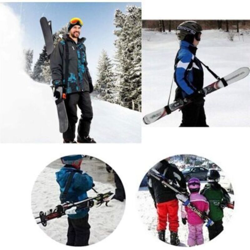 Deux sangles de ski noires avec dragonnes réglables et boucles en sangle rembourrées, convenant aux enfants et aux adultes.