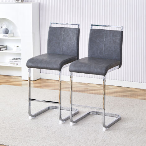 Deux tabourets de bar hauts style nordique, revêtement PU gris, structure robuste, adaptés pour cuisine, restaurant et terrasse, lot de 2