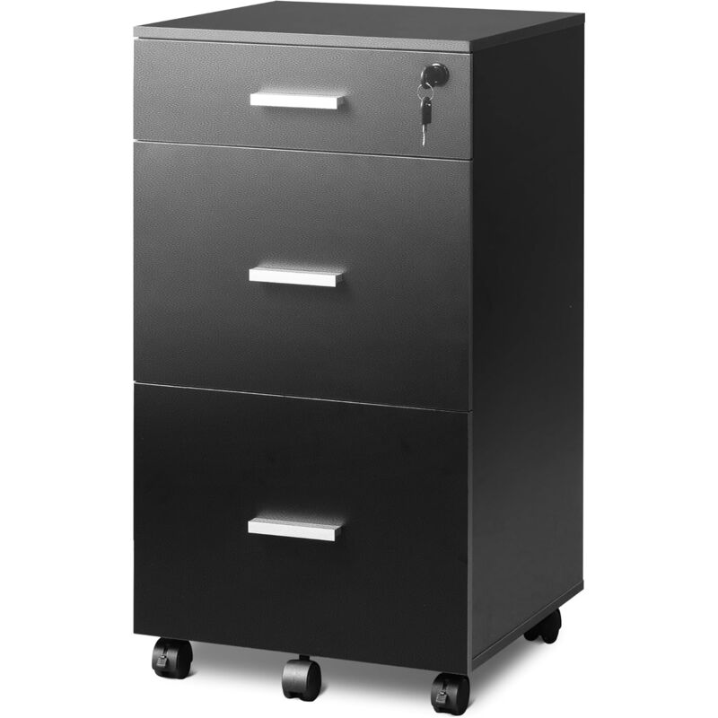 Meuble de bureau bois avec serrure et 3 tiroirs, roulettes, noir A4 - Devaise