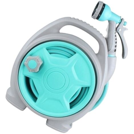 Dévidoir de tuyau d'arrosage portable turquoise, avec pistolet multifonction, pour jardin et voiture