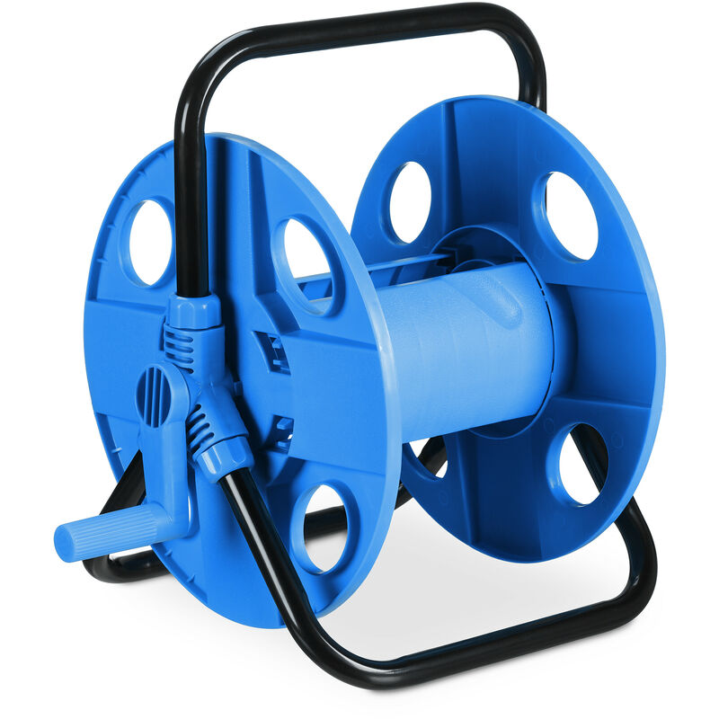 Dévidoir de tuyau, pour 30 m de tuyau 1/2, acier, plastique, support, HxLxP : 38 x 42 x 31 cm, noir-bleu - Relaxdays