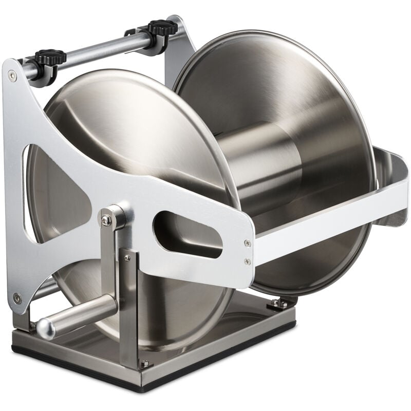 Dévidoir à tuyau d'arrosage, sans tuyau, acier inoxydable, pour le sol ou le mur, hlp : 35x40x36,5 cm, argenté - Relaxdays