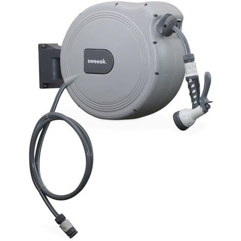 Dévidoir mural automatique 30m, enrouleur avec tuyau d’arrosage, raccord et pistolet d'arrosage fournis