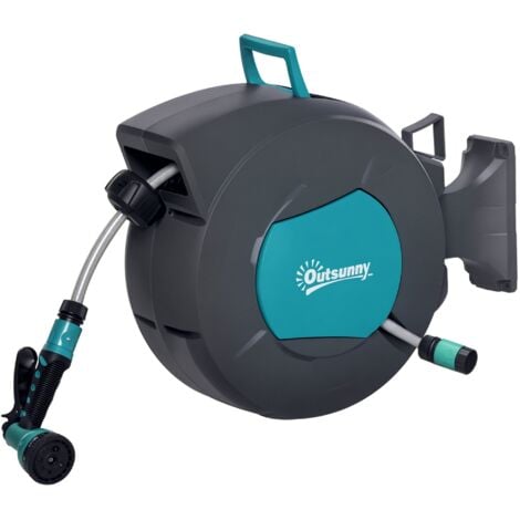 Dévidoir mural enrouleur automatique pivotant 180° tuyau 15 + 1,4 m avec lance arrosage support mural intégré turquoise gris