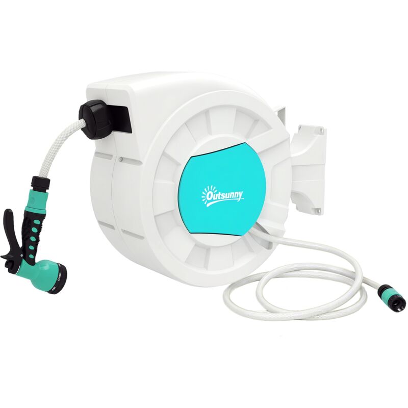 Dévidoir mural enrouleur automatique pivotant 180° tuyau 25 + 2 m avec lance arrosage 7 modes support mural intégré gris clair bleu