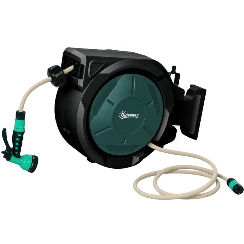 Dévidoir mural enrouleur automatique pivotant 180° tuyau 30 + 2 m avec lance arrosage 7 modes support mural intégré vert noir