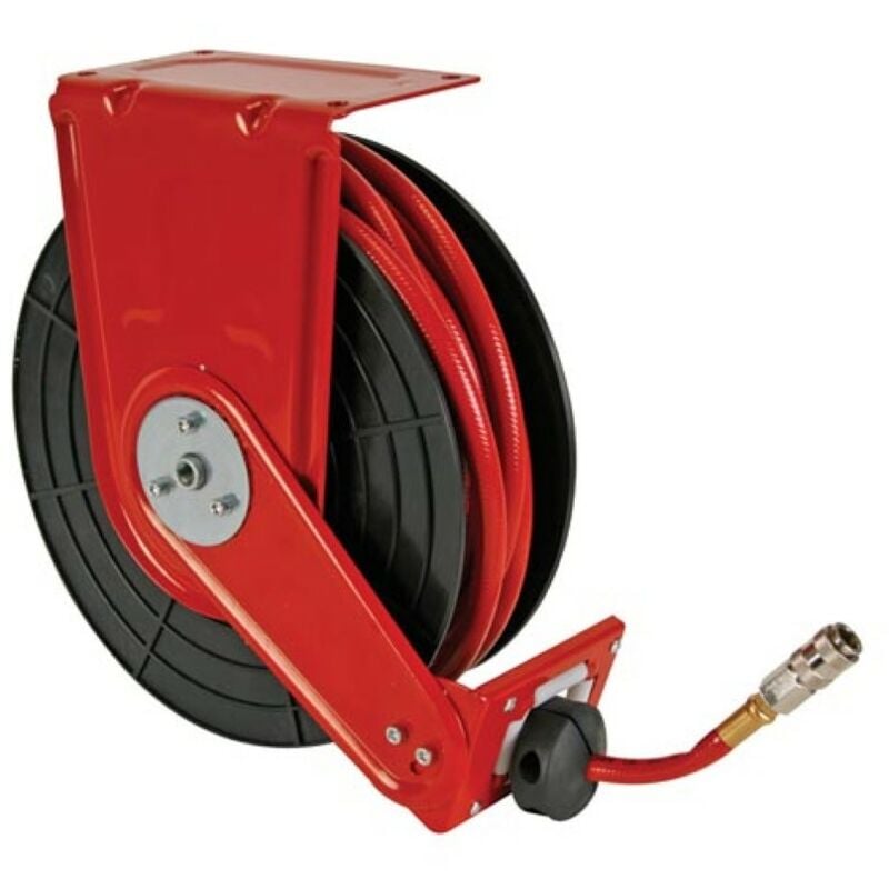 Dévidoir de tuyau d'air, auto-rétractable, max. 20 bar/290 psi, 15 m, pour compresseur d'air, montage au plafond/au sol/au mur, rouge - Perel