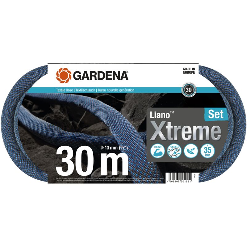 Kit tuyau Liano™Xtreme 30m. Kit complet. Tuyau d'arrosage. Léger et très résistant. 13 mm. Pression de rupture 35 bar. Tuyau textile. (18477-20) - Gardena
