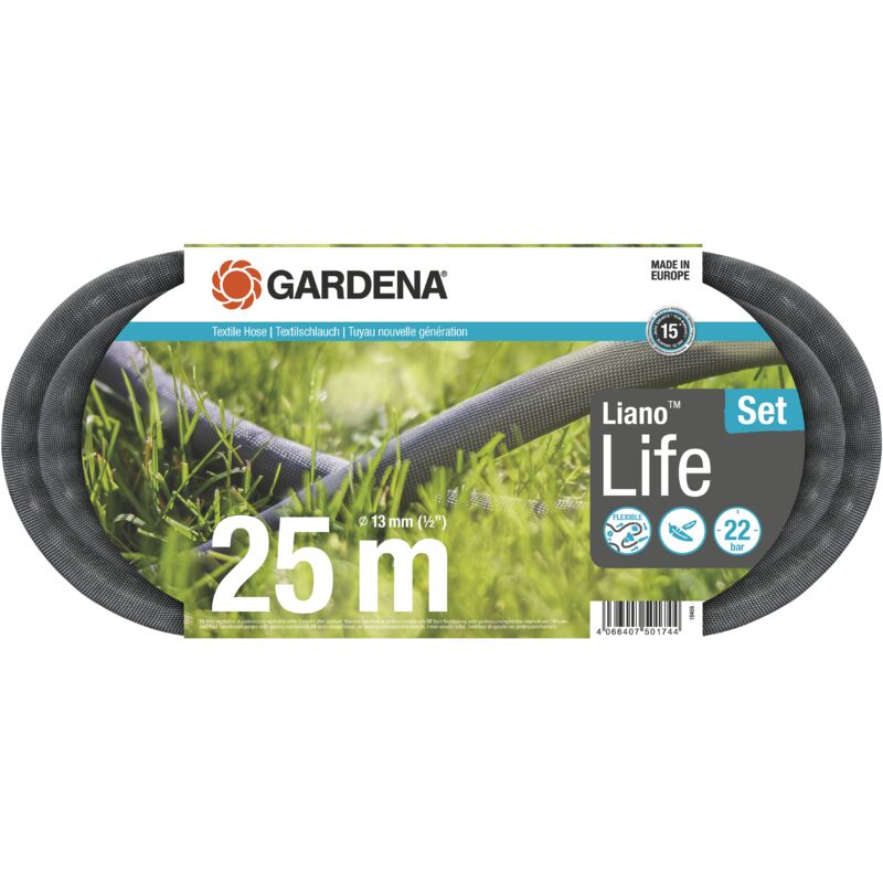 Kit tuyau Liano™Life 25m. Kit complet. Tuyau d'arrosage léger. 13 mm. Pression de rupture 22 bar. Tuyau textile. (18455-20) - Gardena