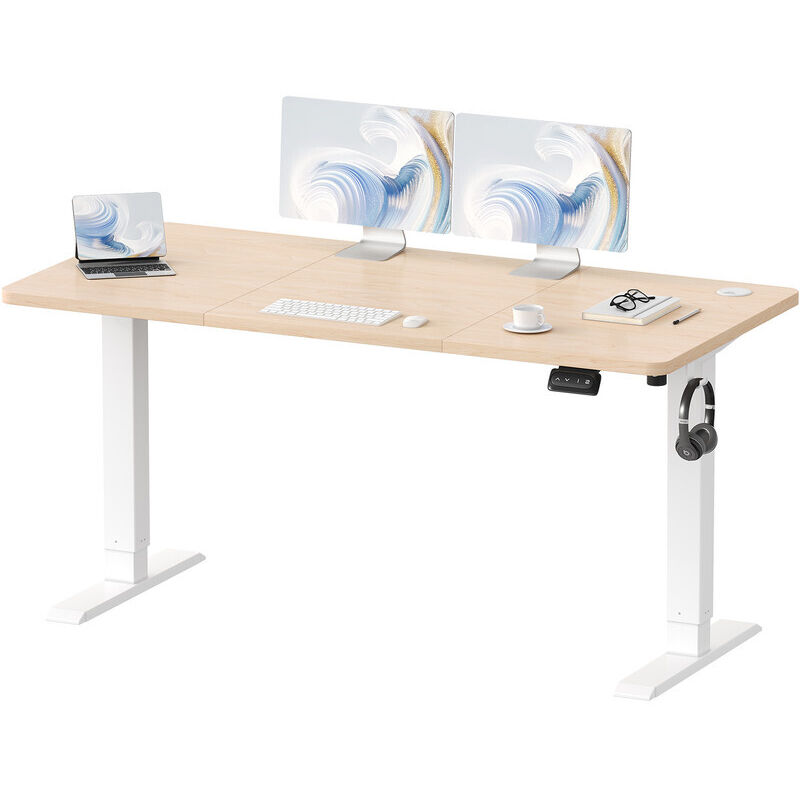 Devoko - 140 x 60 cm Bureau debout réglable en hauteur, bureau assis-debout, bureau d'ordinateur avec fonction mémoire, structure métallique robuste,