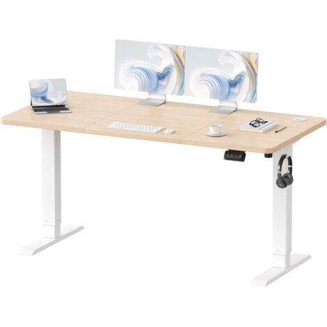 Devoko 140 x 60 cm Bureau debout réglable en hauteur, bureau assis-debout, bureau d'ordinateur avec fonction mémoire, structure métallique robuste, fonctionnement silencieux, beige
