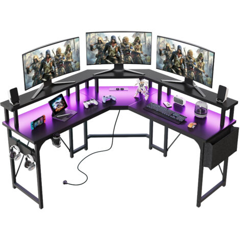 Devoko Bureau d'angle Table double couche avec éclairage réglable, grande table symétrique en forme de L, 104 cm × 2, noir