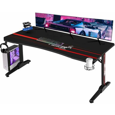 Devoko – Bureau gamer 180 cm avec porte-gobelet et porte-casque – Design ergonomique en fibre de carbone – Stable et réglable – Bleu
