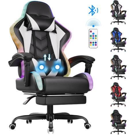 Devoko Chaise de Gaming RGB, Chaise de Bureau Rembourré en PU Avec Dossier, Multiples Effets Lumineux LED, Hauteur et Repose-Pieds Réglables, Noir Blanc