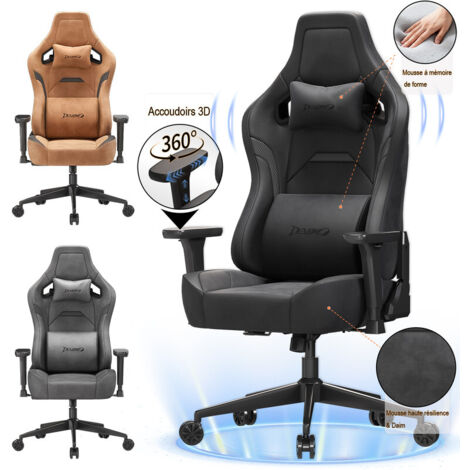 Devoko Chaise Gaming avec Design Ergonomique, Daim (Doux et Respirant), Appui-tête et Soutien Lombaire en Mousse Mémoire, Accoudoirs 3D, Dossier Réglable de 90° à 135°, Charge max 200 kg, Noir