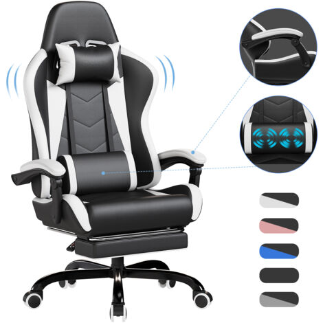 Devoko Chaise Gaming Ergonomique avec Massage Lombaire, Siège Gamer Inclinable 135°, Repose-Pieds, Appui-Tête Réglable, Fauteuil Gaming Adulte en Similicuir, Chaise Bureau Gaming Confortable, Noir Bla