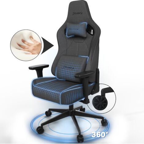 Devoko Chaise Gaming Ergonomique Professionnelle Tissu peluche-toile respirant Accoudoirs 3D Réglables Soutien lombaire et coussin cervical en mousse mémoire Charge max 200 kg Noir