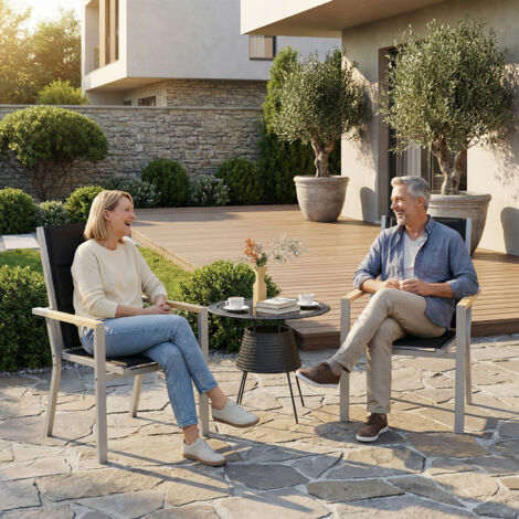Devoko – Chaises de jardin empilables en aluminium – Dossier haut avec accoudoirs imitation bois – Tissu Textilène respirant – Charge jusqu'à 160 kg