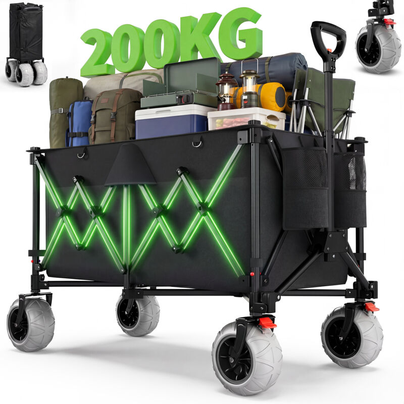 Chariot de plage Tout-Terrain Pliable 200L - Chariot Pliable 150kg de Charge - Chariot de Jardin Roues PU larges Amovibles, Noir