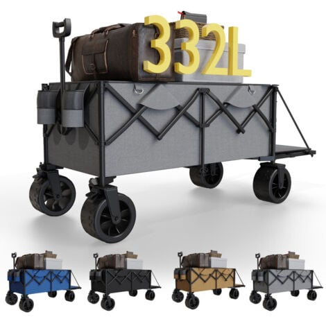 Devoko Chariot pliable avec frein Chariot tout terrain Capacité statique de 200 kg Pneus larges noirs Capacité maximale de 332 L Chariot de jardin, adapté à la plage, au camping, au jardin, gris foncé