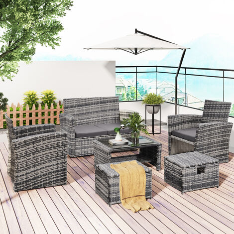 Devoko Garden furniture set, 6 pieces outdoor patio rattan furniture, 6 seater sofa set with coffee table and footstools, grey rattan with grey cushion