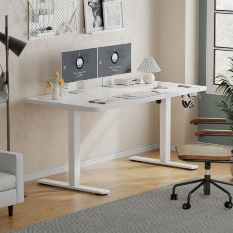 DEVOKO Höhenverstellbarer Stehschreibtisch, 120 x 60 cm, Stehtisch, Schreibtisch mit Spleißplatte, Cremeweißer Rahmen/Cremeweiße Platte