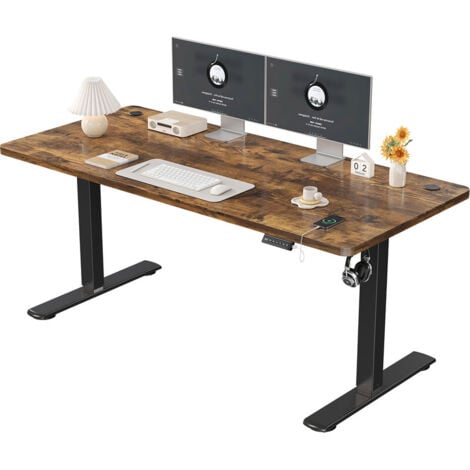 DEVOKO Höhenverstellbarer Stehtisch, 160 x 60 cm, Stehtisch, Schreibtisch mit Splice Board, Schwarzer Rahmen/Rostbraune Platte