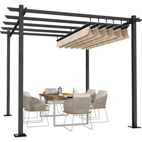 Devoko – Pergola aluminium 3x3m avec bâche escamotable 5 coulissantes – Cadre noir plat – Auvent polyester enduit PU 160g – Protection UV SPF15