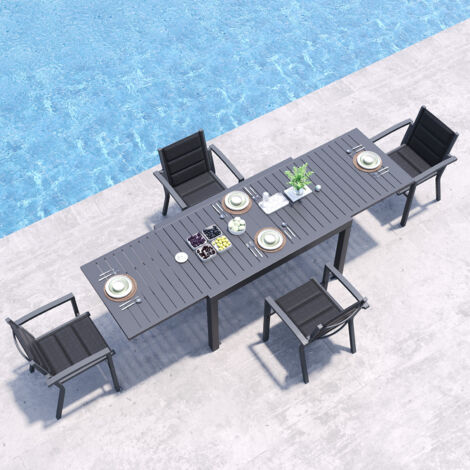Devoko – Salon de jardin 4 places – Mobilier aluminium avec 6 chaises empilables – Table extensible 130-260cm – Pour balcon, gris foncé