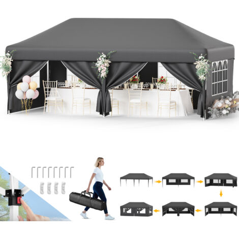 DEVOKO Tente de jardin pop-up 3 x 6 m, chapiteau, tente de réception, auvent de mariage avec rideaux latéraux amovibles, gris