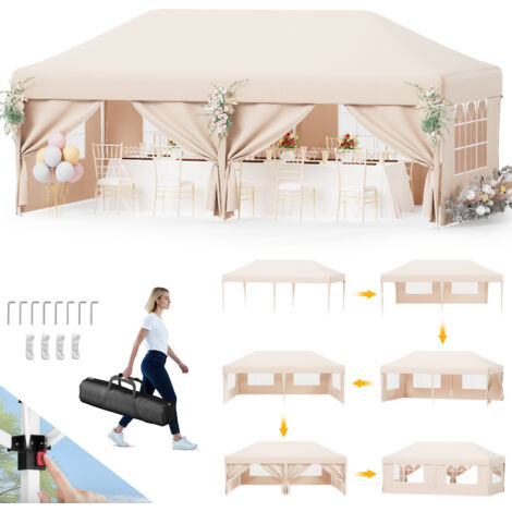 DEVOKO Tente de jardin pop-up 3 x 6 m Tente de réception Tente de mariage Avec rideaux latéraux amovibles Beige