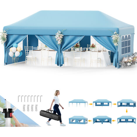 DEVOKO Tente de jardin pop-up 3 x 6 m Tente de réception Tente de mariage Avec rideaux latéraux amovibles Bleu