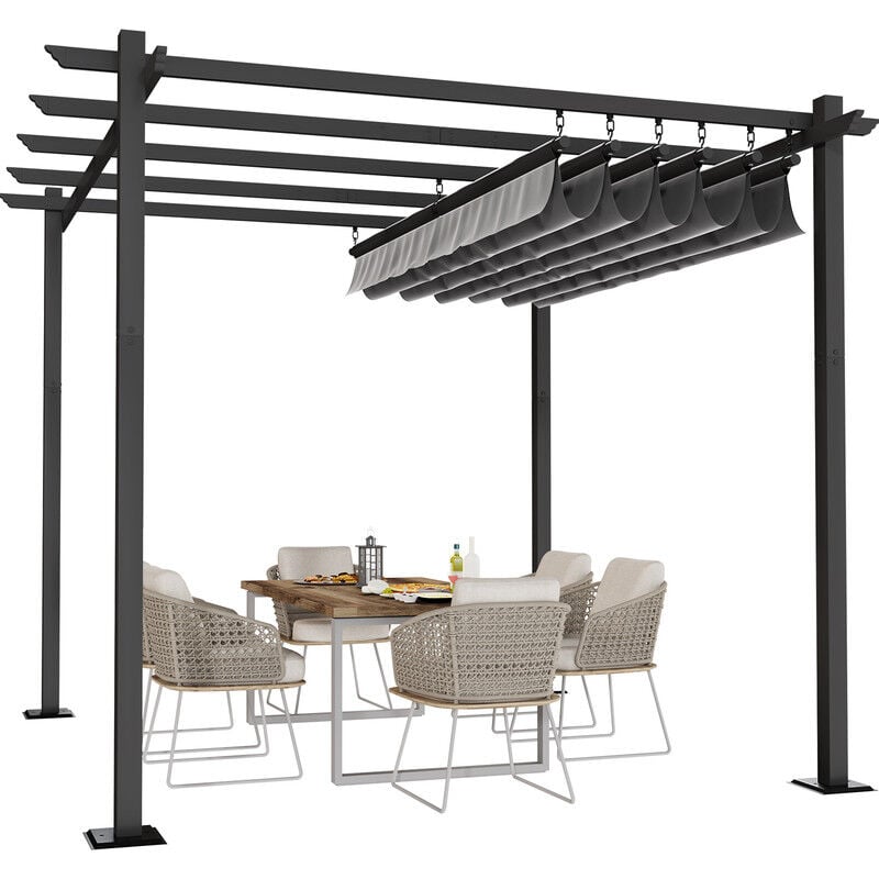 Pavillon/pergola aluminium -3 x 3m-bâche escamotable 5 coulissantes -dunkelgrau - dunkelgrau - Devoko