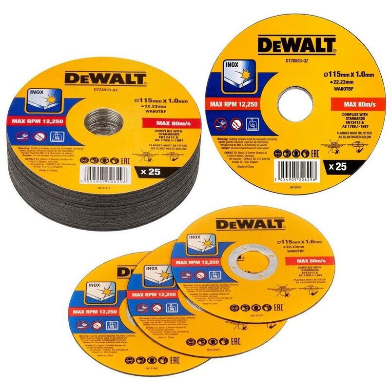 Dewalt - 115mm 4.5'' 1mm Thin inox Metal Cutting Disc 22mm Bore Flat Disc x 25 Pack