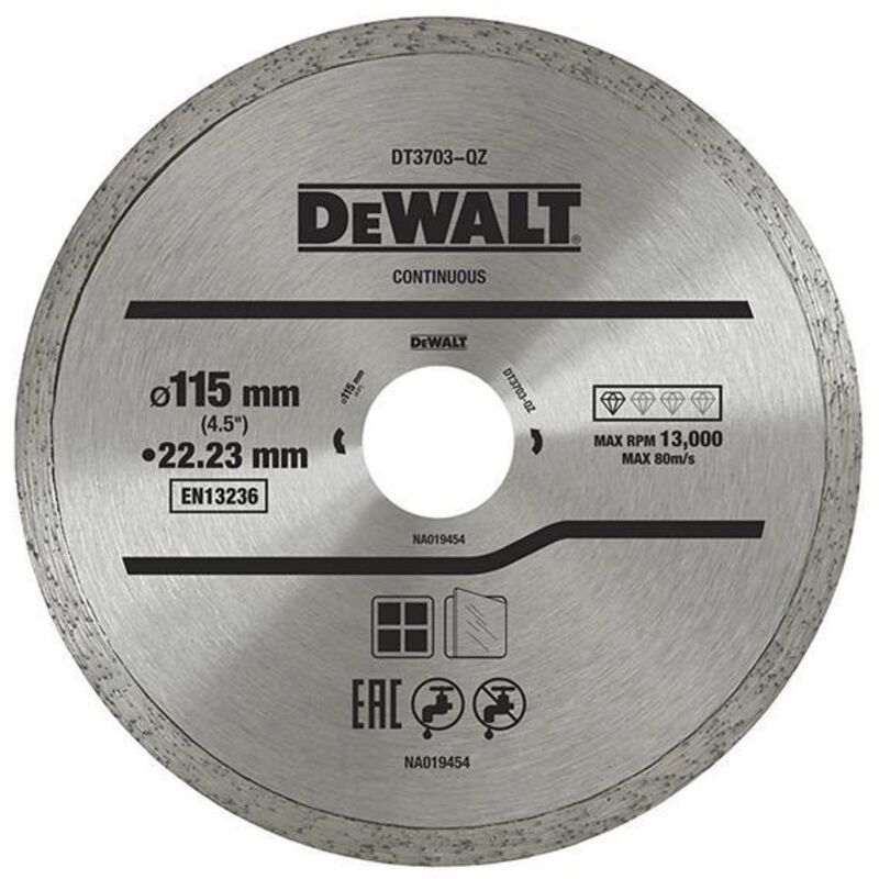 DeWalt Continuous Rim Diamond Cutting Disc 115mm x 22.23mm for Precise Cutting Applications