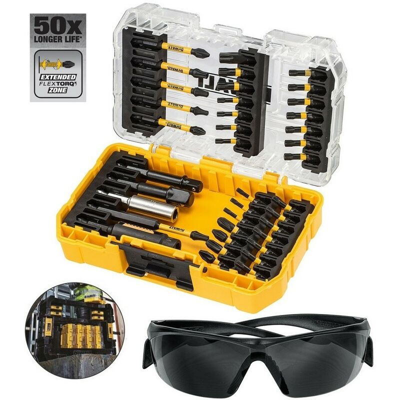 38 pc flextorq Screwdriver Impact Rated Bit Set Tough Case Safety Glasses - Dewalt