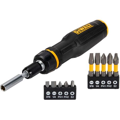 DeWALT Bit-Schraubendreher mit Ratsche DWHT68001-0, integrierte Bit-Aufbewahrung, inkl. Bit-Set PH, SQ, PZ, T, 10-tlg.
