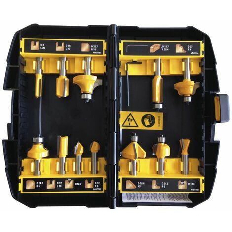 Dewalt – Coffret de fraises pour défonceuse 12 pièces – Emmanchement 8 mm – Acier avec arêtes de coupe en carbure – DT90016