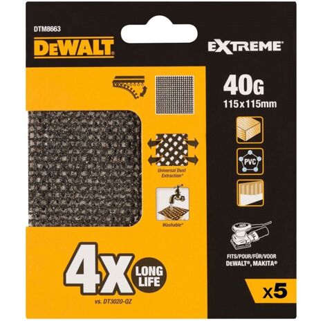 DEWALT Confezione da 5 Carte Vetrate Mesh 1/4 Grana 40 per Levigatrici Orbitali 115x115mm (DTM8663-QZ)