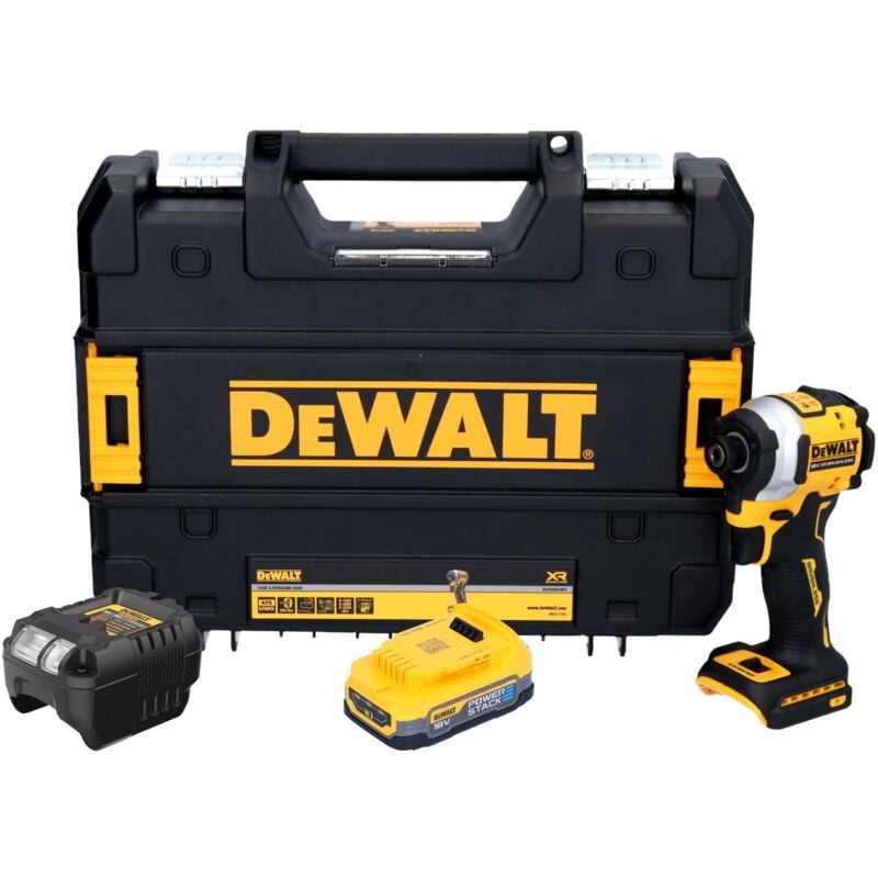 Dcf 850 E1T Clé à choc sans fil 18 v 205 Nm 1/4'' Brushless + 1x batterie Powerstack 1,7 Ah + chargeur + tstak - Dewalt