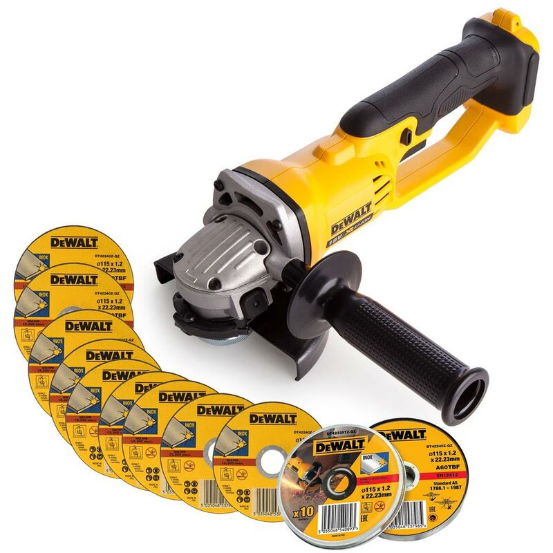 Dewalt - DCG412N 18v XR Cordless 125mm Angle Grinder + 10 Disc 115mm 1.2mm Discs