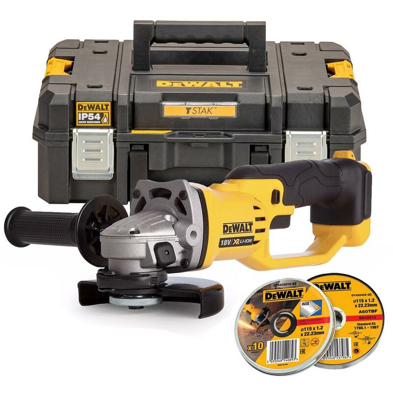 Dewalt DCG412N 18v XR Cordless 125mm Angle Grinder + Tstak 2 IP54 Case + 10 Disc