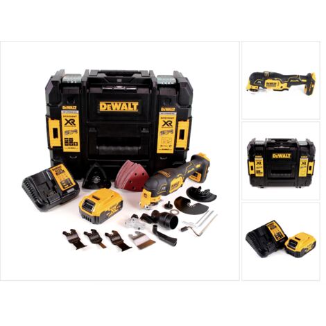 DeWALT DCS 356 P1 Multi-herramienta oscilante a batería 18V / Sin escobillas + Maletín TSTAK + 1x Batería 5,0 Ah + Cargador + Set accesorios 35 piezas
