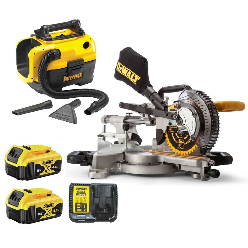 DCS365M2 18v xps 184mm Mitre Saw + 2 x 4.0ah Battery + DCV584L Vacuum - Dewalt