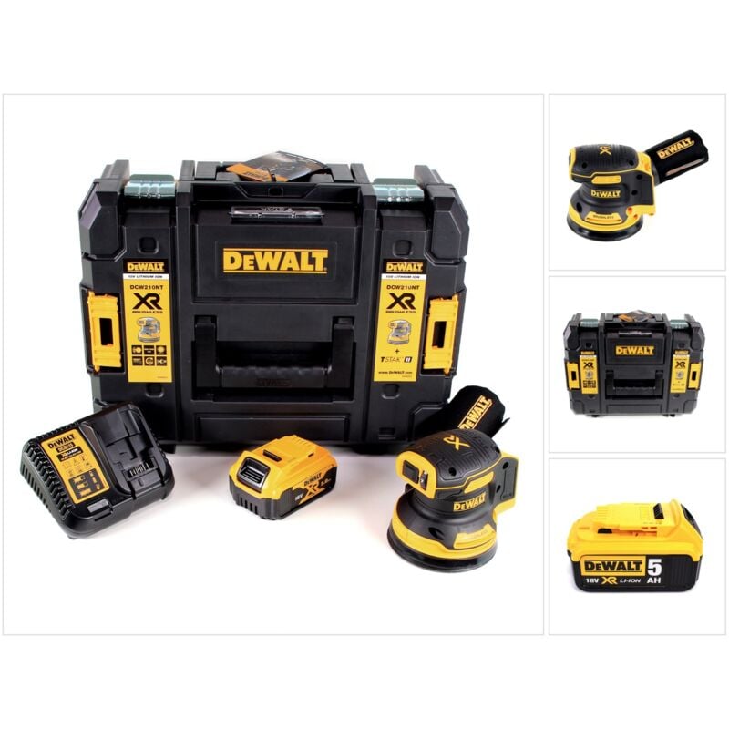 DeWalt DCW 210 P1 Ponceuse excentrique sans fil et sans balais 18V 125 mm + 1x Batterie 5,0 Ah + Chargeur + Coffret de transport