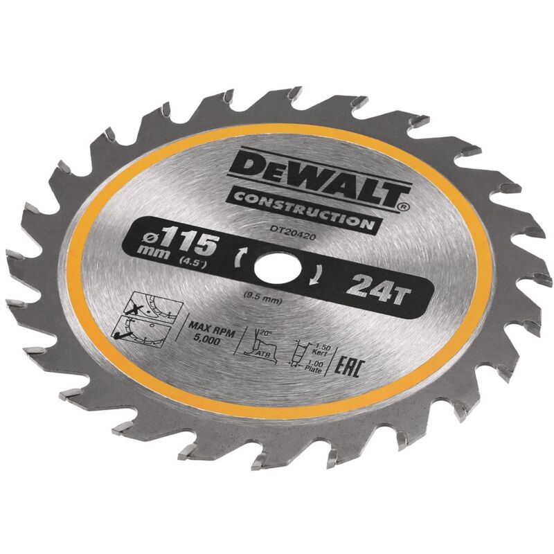 DT20420-QZ Kreissägeblatt 115 x 9,5 mm, 24 Zähne, genageltes Holz - Dewalt