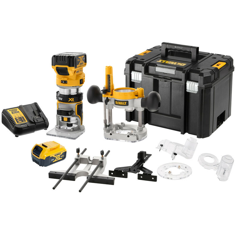 DCW604P2 18V xr 1/4 inch Brushless Router + Extra Base (2 x 5.0Ah Batteries) in tstak Box DCW604P2-GB - Dewalt
