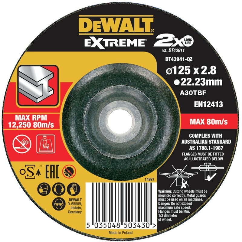 

Dewalt DT43941-QZ Disco de corte concavo EXTREME® para metal con grano industrial de óxido de alumínio 125 x 2.8 x 22.23mm