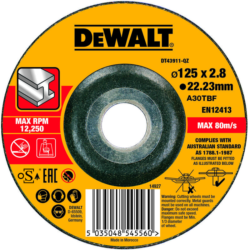 

Dewalt DT43911-QZ Disco de corte concavo para metal con grano profesional de óxido de alumínio 125 x 2.8 x 22.23mm