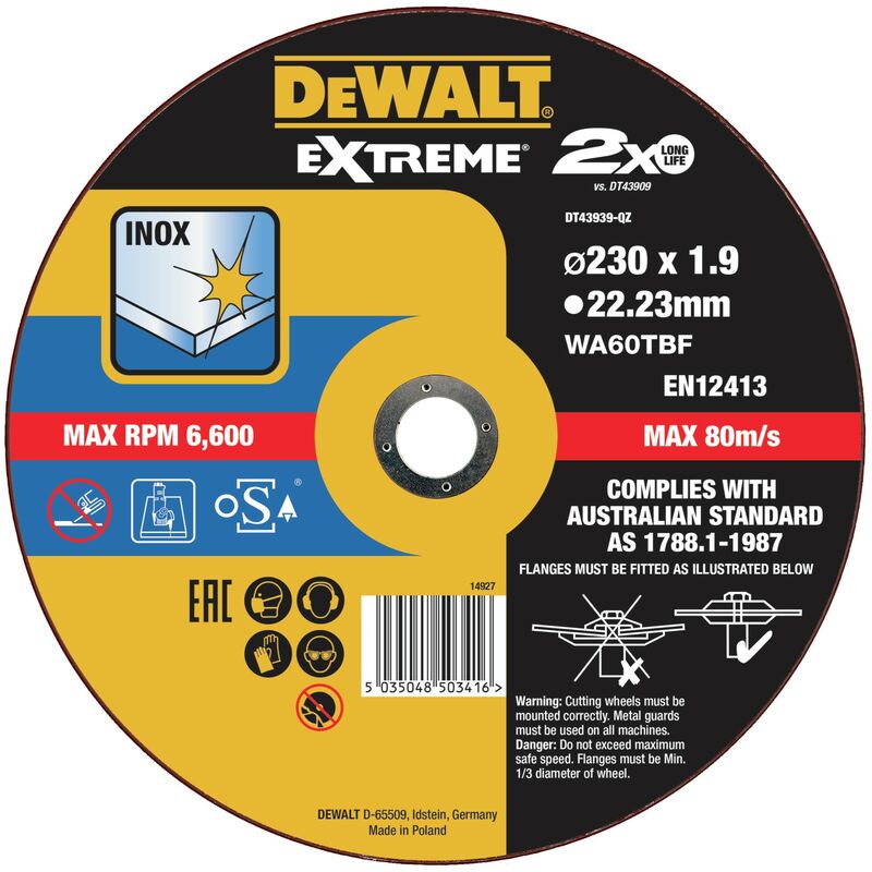 

Dewalt DT43939-QZ Disco de corte plano EXTREME® Thin Cut para INOX con grano industrial de óxido de aluminio 230 x 1.9 x 22.23mm